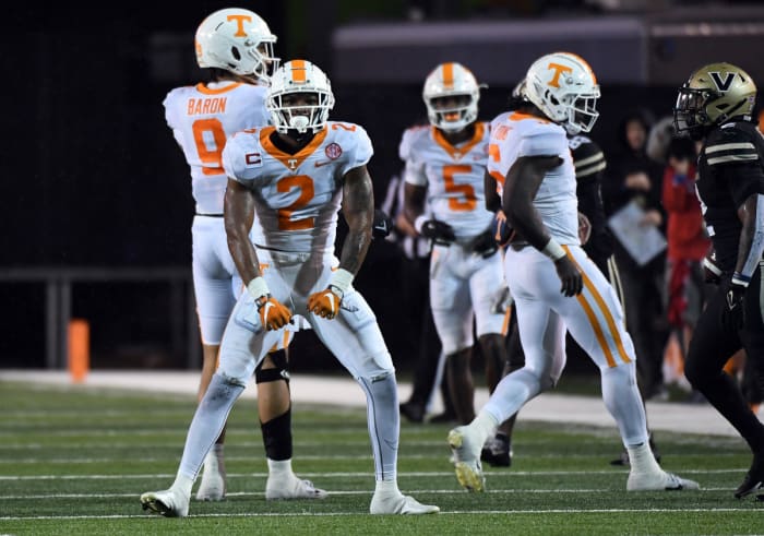 Tennessee S Jaylen McCollough after a big hit against Vanderbilt in Nashville, Tennessee, on November 26, 2022. (Photo by Christopher Hanewinckel of USA Today Sports)